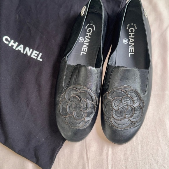 Chanel Black Leather Loafers with Floral Detail - Picture 1 of 8